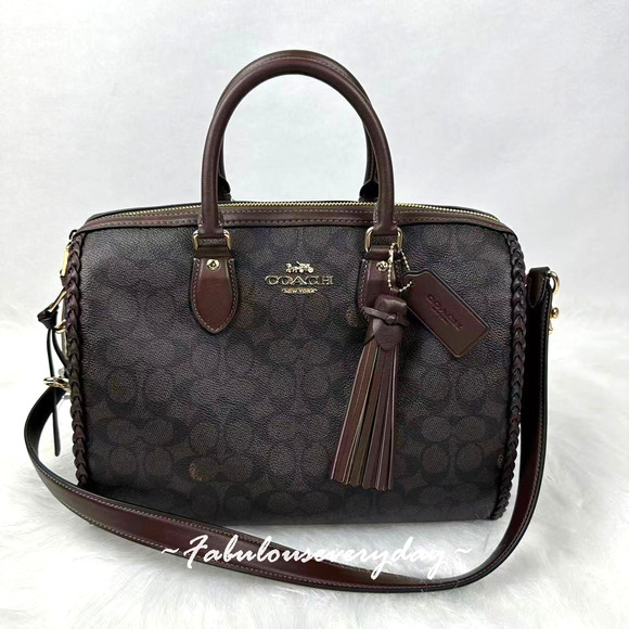 Coach Rowan Large Satchel Bag In Signature With Fringe Walnut/Maple CCE36 NWT - Picture 1 of 10